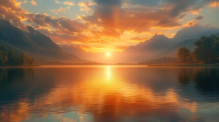 Fototapeta premium Sunset reflects on calm lake, mountains surround.