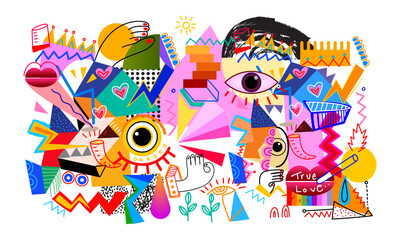 abstract hand drawing face portrait doodle geometric decorative  outlines vector illustration. Line art aesthetic design for wall art, prints, cards, poster, decoration, bannner.