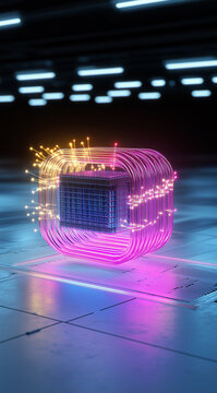 Sophisticated quantum machine with glowing nodes and circuits