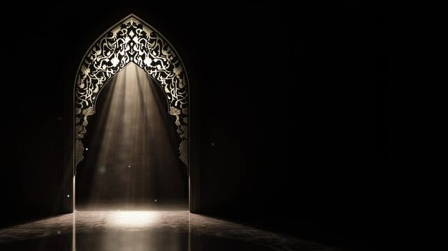 Islamic Ramadan background, radiant light emanating from an Islamic arch illuminating the dark mosque