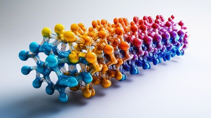 A vibrant, 3D molecular structure composed of colorful spheres and connections, representing a complex chemical or biological entity.