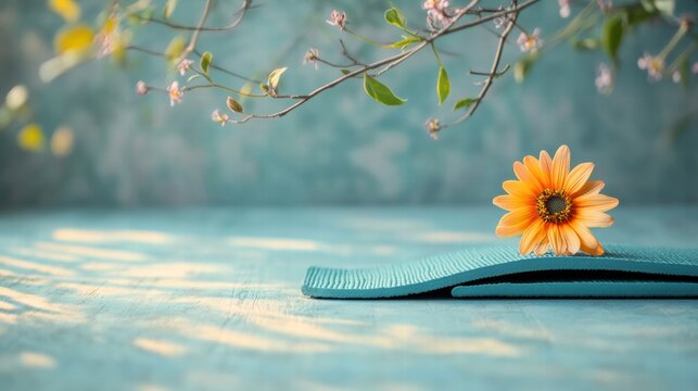 Yoga mat with flowers on a pastel mint background, concept of yoga or fitness