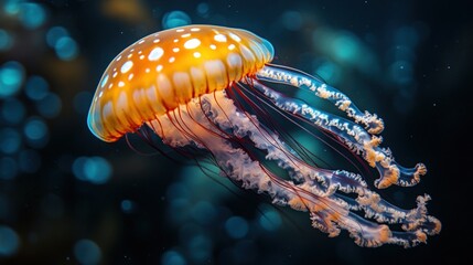 Orange jellyfish, white spots, dark water.