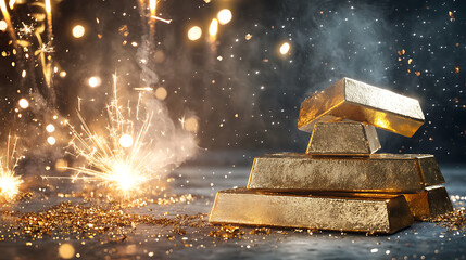 whimsical depiction of gold ingots glowing softly in festive atmosphere, surrounded by sparkling lights and shimmering dust