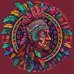 Stylized face headdress feather halo surrounded red background evokes traditional Aztec art its bold colors geometric patterns