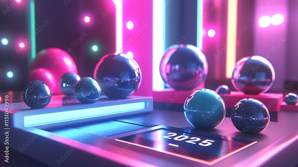 Poster neon lights reflect on spheres displaying two thousand twenty five
