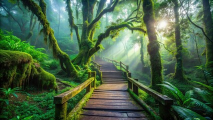 Obraz premium Ethereal Ang Ka Trail winds through Doi Inthanon's surreal rainforest, a photographer's dream in Thailand.