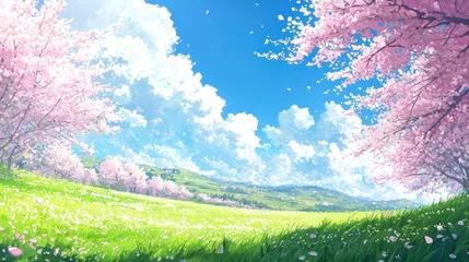 Serene Spring Landscape with Cherry Blossoms and Rolling Hills