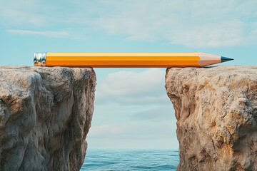 An oversized pencil bridging a gap between two cliffs, symbolizing education as a bridge to new horizons