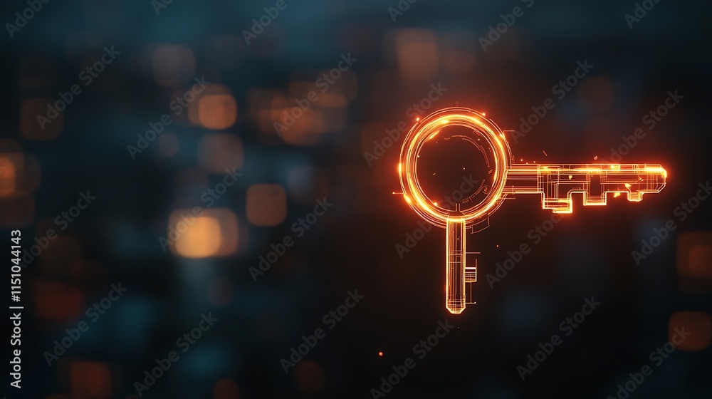Poster glowing digital key on dark bokeh.
