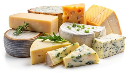 Variety of cheeses including brie, camembert, and parmesan on a wooden board with slices of bread, fresh tomato, and a healthy meal setup