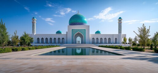 Obraz premium A grand mosque with turquoise domes and minarets, reflecting in a serene pool.