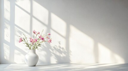 Table background of free space and kitchen interior.White wall with shadows and sunny warm morning time.Copy space for your composition, Easter table with spring flowers in a sunny April kitchen. 