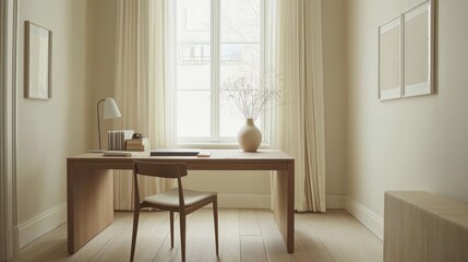 Quiet study featuring a wooden desk, slim chair, and ample natural light from the window.