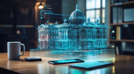 A holographic model of a building displayed on a desk with tech devices.