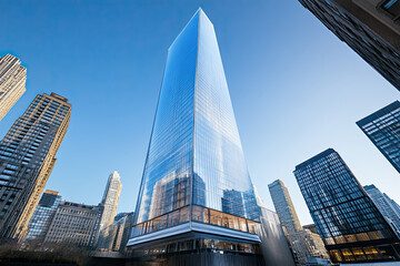 Obraz premium Modern skyscraper with a glass facade reflecting the sky, showcasing contemporary architecture