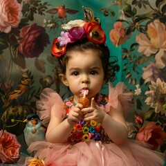 Curlyhaired girl pink tutu dress beads matching headband holds lollipop playfully gestures surrounded colorful flowers perched bird