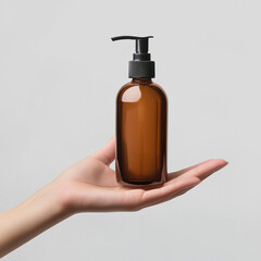 A woman's hand holding an amber pump bottle is isolated on a grey background.