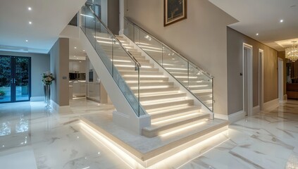 Fototapeta premium Staircase in contemporary home with LED lights, glass railings, and marble floors.