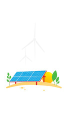 “Illustration Highlighting Renewable Energy” – A conceptual image showing a wind turbine, solar panels, and a bright sun, symbolizing sustainable and renewable energy solutions, on a white background.