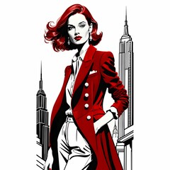 このイラストでは、深い緑のドレスコートと大きなつばの帽子を身に着けた女性が描かれている。上品なデザインのコートは細部まで洗練され、黒い手袋がアクセントとなり、クラシックで気品のある雰囲気を醸し出している。