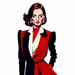 このイラストでは、洗練された緑のワンピースを着用した女性が描かれている。ボリュームのある袖とウエストを引き締めるベルトが、優雅で上品な印象を与えている。髪はクラシックなアップスタイルでまとめられ、アクセサリーが控えめに輝きを添えている。