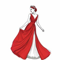 このイラストでは、赤いドレスを纏った女性が大きなツバのある帽子を被り、優雅で洗練された雰囲気を漂わせている。ドレスのウエストにはアクセントとなるベルトが輝き、イヤリングが高級感を加えている。シンプルながらも大胆な色使いが視線を引きつける。