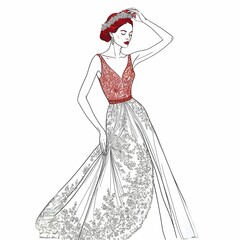 このイラストは、赤と黒を基調としたエレガントなドレスを身にまとった女性が描かれている。女性は鋭い視線と落ち着いた表情で、自信と品格を表現している。シャープなラインとコントラストの効いた色使いが、モダンで洗練された印象を与えている。