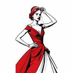 このイラストは、華やかな赤いドレスをまとった女性が描かれている。ドレスは肩のラインを美しく際立たせるデザインで、ふんわりとしたボリューム感のあるスカートが特徴的。女性の髪はシンプルにまとめられており、洗練された気品を漂わせる。全体的にクラシカルで上品な雰囲気を持ちながらも、現代的なエレガンスを兼ね備えたスタイルとなっている。