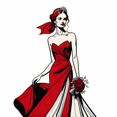 このイラストは、赤いロングドレスを着た女性が優雅にポーズをとる姿を描いている。ドレスはシンプルながらも気品があり、下部には白いレースのディテールがあしらわれている。女性のポーズはしなやかでエレガントな動きを感じさせ、頭には装飾的なアクセサリーがつけられている。全体的に洗練された雰囲気が漂う作品。