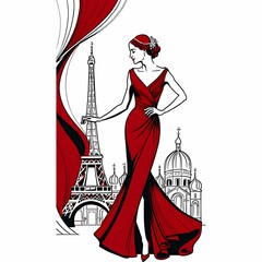 このイラストは、刺繍が施された美しいドレスを着た女性を描いている。上半身は赤い刺繍が繊細で、ウエストからスカート部分にかけては透明感のある白い生地に植物模様の刺繍が広がる。女性のポーズはエレガントで、片手を頭に添えた仕草が優雅さを際立たせている。全体的にクラシカルでロマンティックな雰囲気が特徴のイラスト。