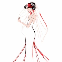 このイラストは、クラシカルな白いドレスを身にまとった女性が描かれている。ドレスは優雅に広がり、動きのあるデザインが特徴的。赤い背景がアクセントとなり、女性の髪飾りやドレスの清楚さを際立たせている。女性の姿勢は上品で、控えめな動きが洗練された印象を与えている。ミニマルでモダンなタッチが魅力的。