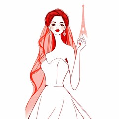 このイラストは、鮮やかな赤いドレスを身にまとった女性を描いている。ドレスはボディラインを美しく強調し、胸元のクロスデザインと流れるようなスカートがエレガントさを際立たせている。手には赤いブーケを持ち、髪にはティアラとリボンが飾られており、華やかさと気品が感じられる。洗練された線画と大胆な赤の配色が印象的。