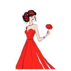 このイラストは、白いウェディングドレスを纏った女性がヴェールを持ちながら静かに佇む姿を描いている。ドレスはシンプルで洗練されたデザインで、赤いアクセントがドレスの裾や髪飾りに加えられ、女性の美しさを一層引き立てている。ポーズや表情は柔らかく、幸福感と上品さを表現している。