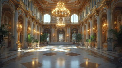 Fototapeta premium Grand, ornate hall; gold, marble, chandeliers.