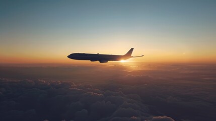 Airplane Silhouette Against Sunset Sky