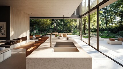 Fototapeta premium Modern Kitchen with Glass Walls Overlooking a Lush Garden