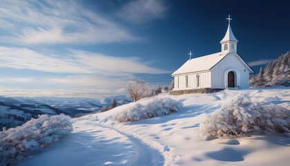 Snowy Mountaintop Chapel: A serene white chapel nestled amidst a snowy mountain landscape evokes a sense of tranquility and peace. The blue sky and frosted trees create a winter wonderland.