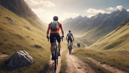 Fototapeta premium Dynamic Image of a Male Cyclist Riding a Bicycle on a Mountain Path with Enthusiasm
