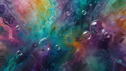 Fototapeta premium A vibrant abstract background with a surreal mix of colorful marble textures and reflective bubbles, illuminated by soft light rays