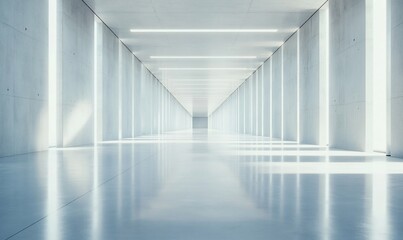 Obraz premium A minimalist corridor with bright, linear lighting and smooth surfaces.