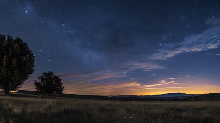 Fototapeta premium Serene Night Sky Over Tranquil Meadow Landscape