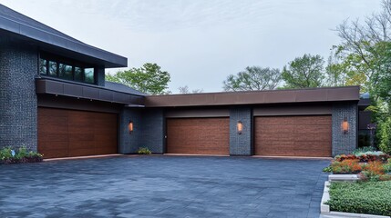 Elegant home with dark stone driveway, brown wooden garage doors, and modern charcoal brick.