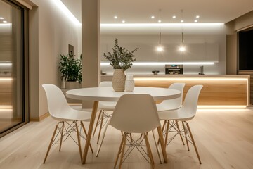 Clean dining area with minimalist round table, white chairs, and soft lighting.