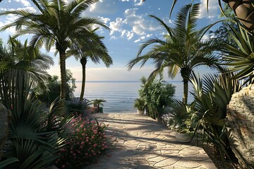 Obraz premium Tropical beach with palm trees and sea.