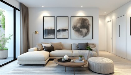 Modern Living Room Interior Design Beige Sofa Abstract Art Cozy Decor