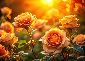Golden hour illuminates blooming roses, capturing their sun-kissed beauty in a vibrant floral photograph.