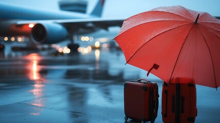 Red umbrella covering airplane and suitcases, depicting travel insurance against delays, loss, or accidents