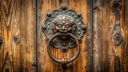 Old Chinese metal knocker on rustic wooden door, Chinese, metal, knocker, rustic, wooden, door, vintage, ancient