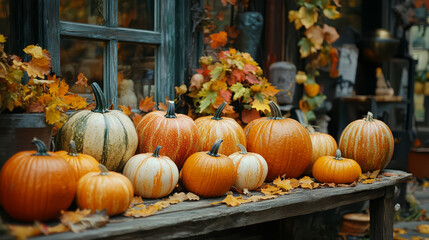 beautifully decorated autumn scene featuring various pumpkins and colorful leaves. warm hues of orange and yellow create cozy atmosphere perfect for season